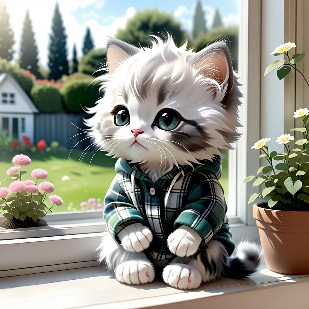 Chibi Kitten in Plaid Outfit Gazing at Garden