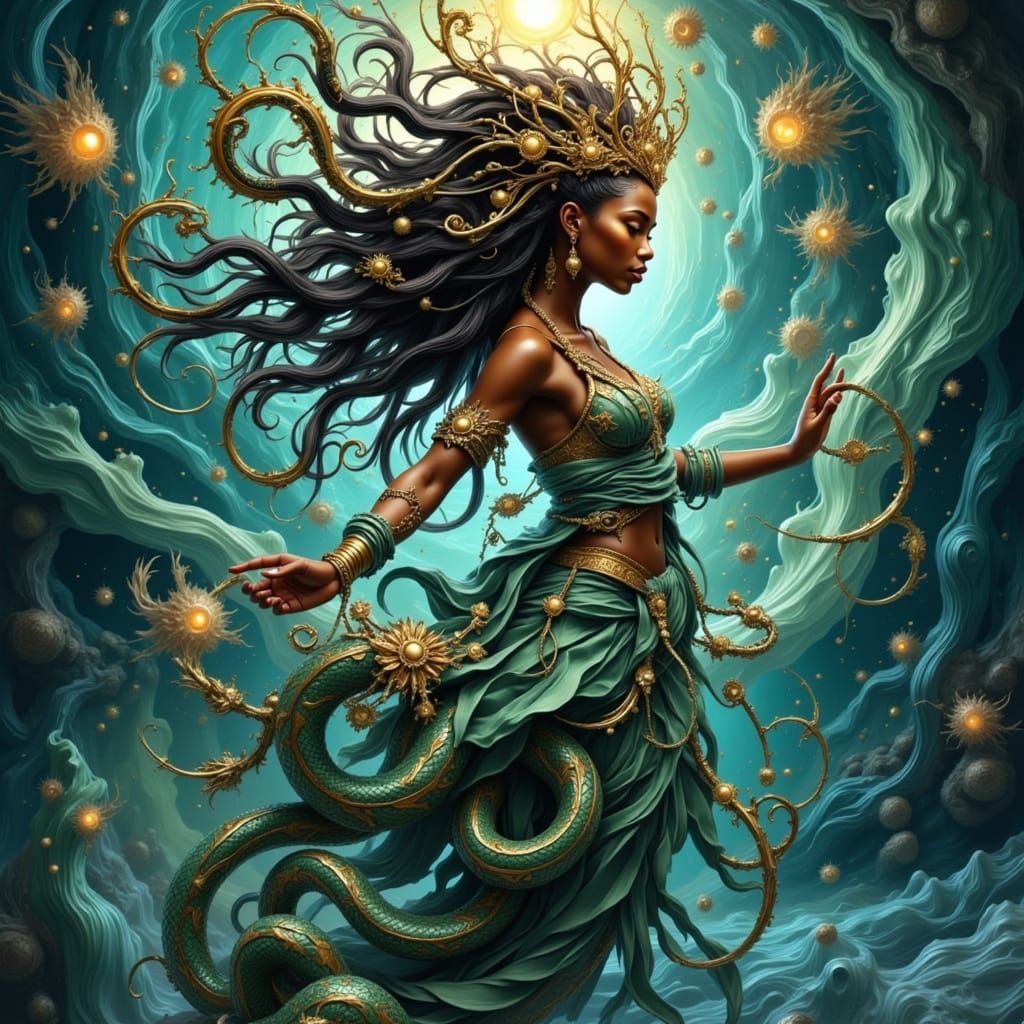 Mystical Goddess Rising from the Water in a Psychedelic Frac...
