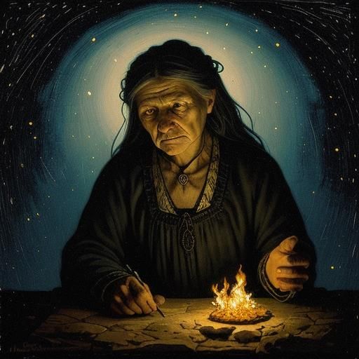 Baba Yaga Portrait with Ethereal Glow as Impasto Painting