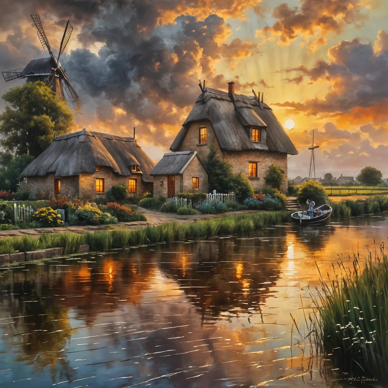 Dutch Cottage and Windmill: Oil Painting