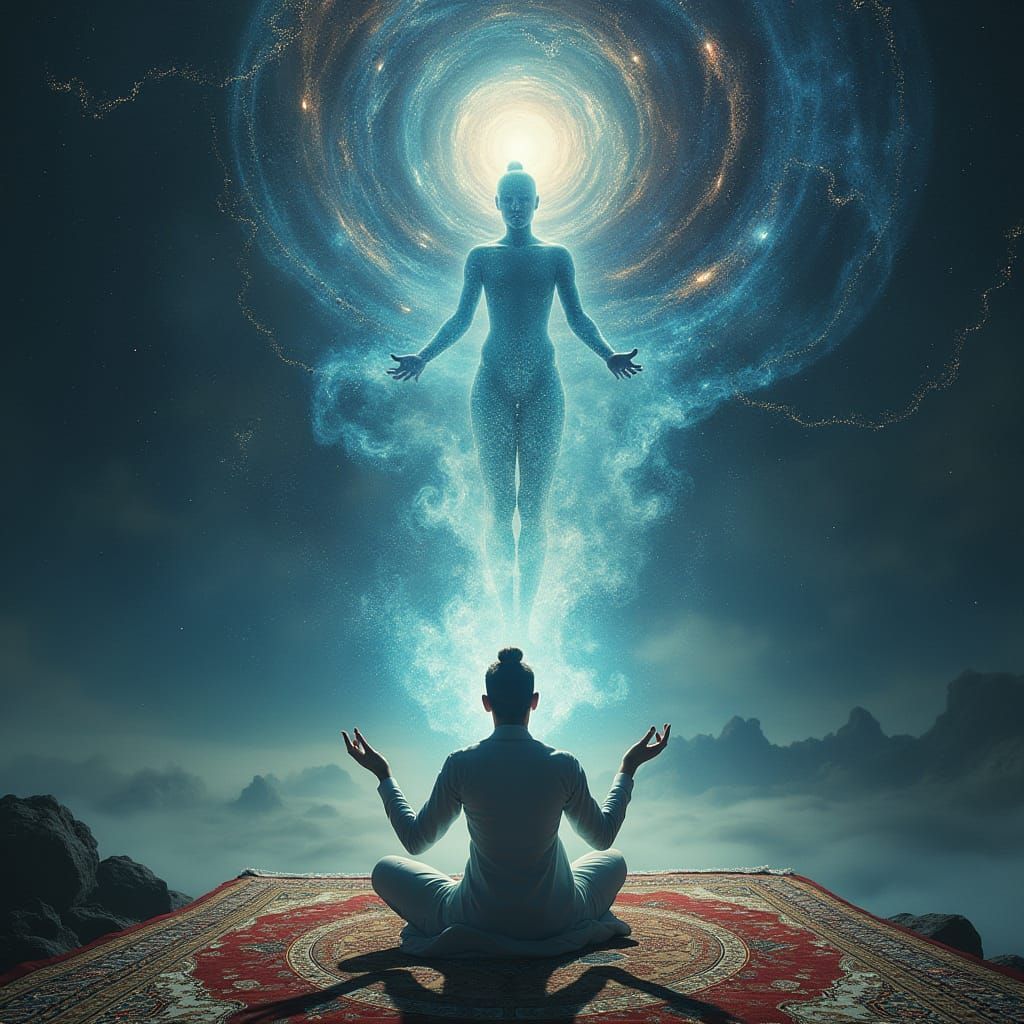 Astral Body Ascends in Surreal Luminous Landscape