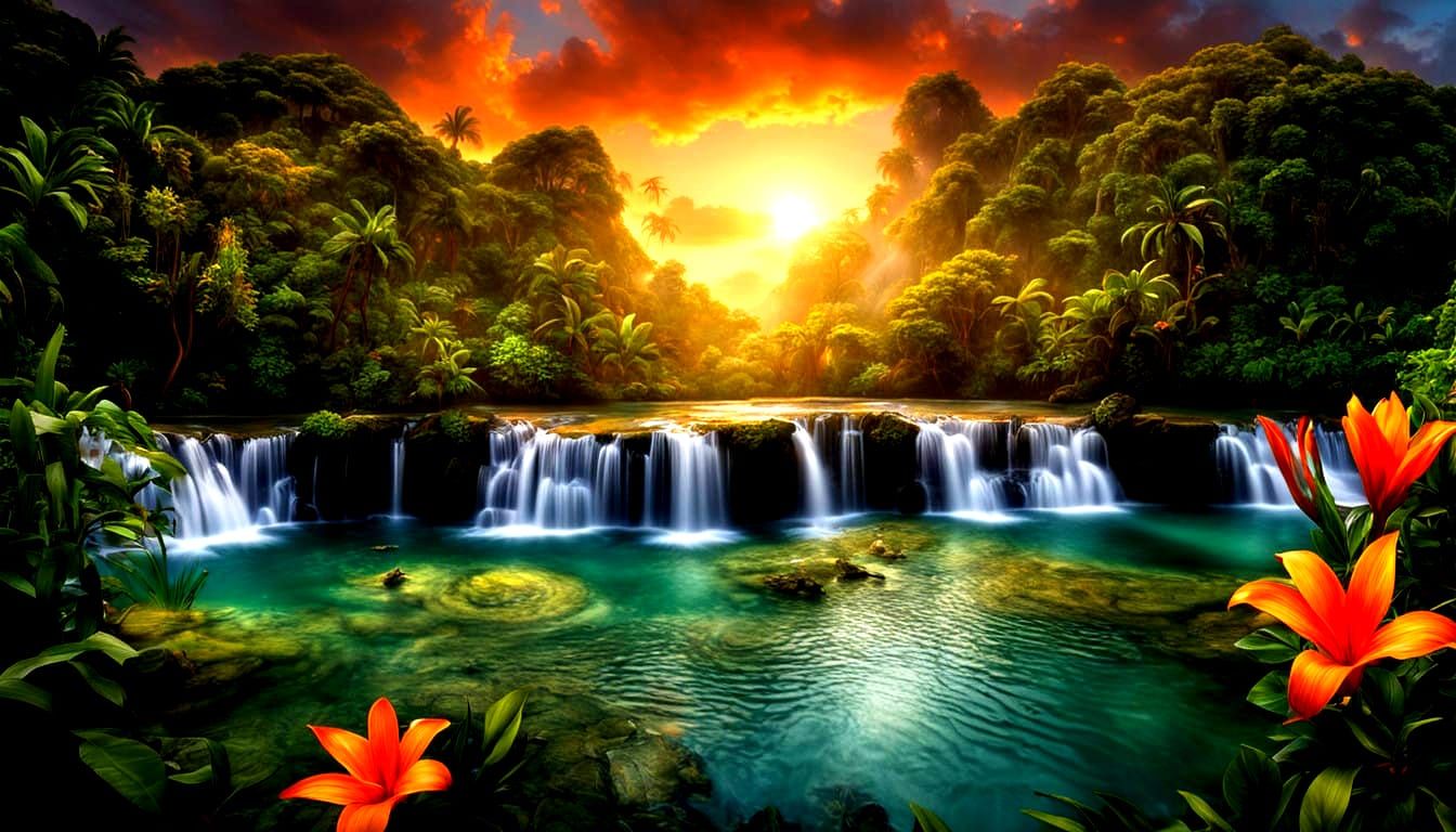 Vibrant Jungle Oasis at Sunset