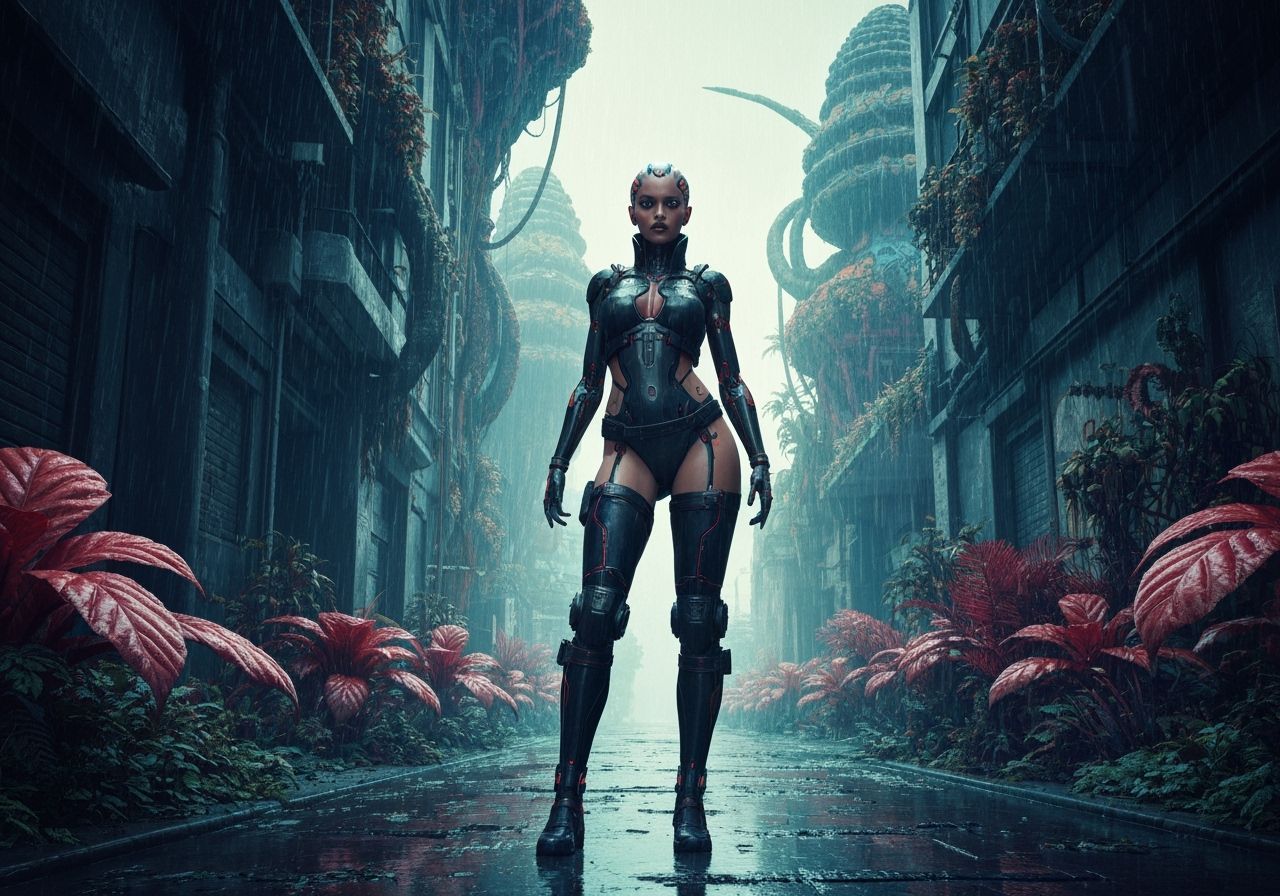 Cyborg Goddess in Rain-Soaked Cyberpunk Alleyway