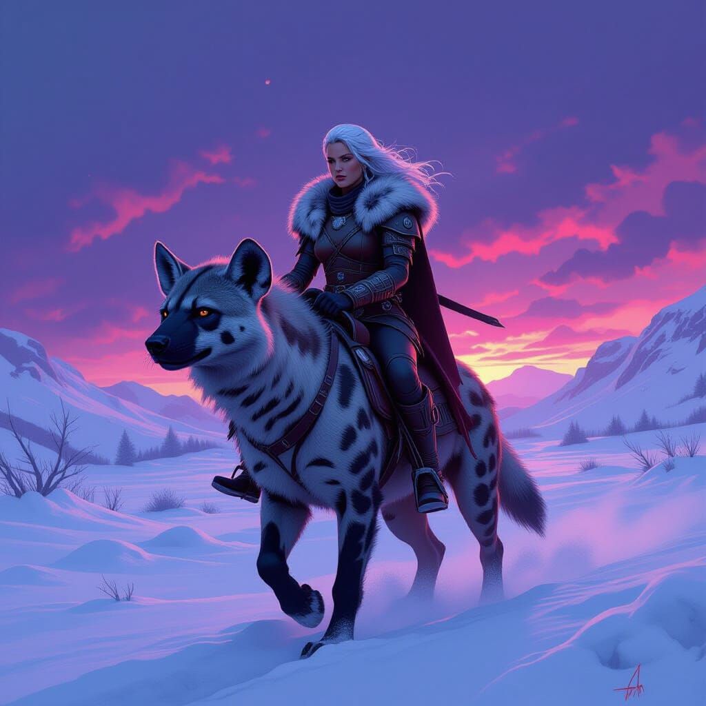 Amazon Warrior Rides Hyena in Snowy Landscape