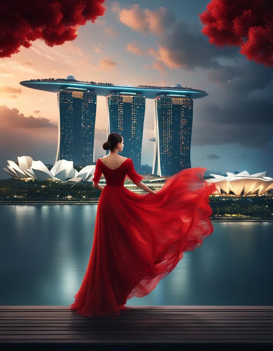 Woman in Red Dress with Marina Bay Sands