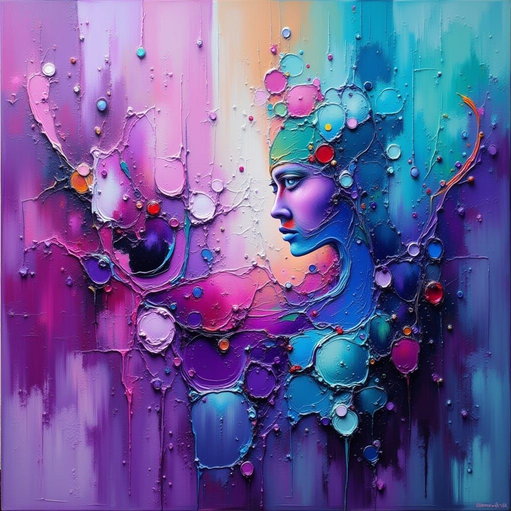 Abstract Mechanic in Purple and Turquoise, Impasto Painting