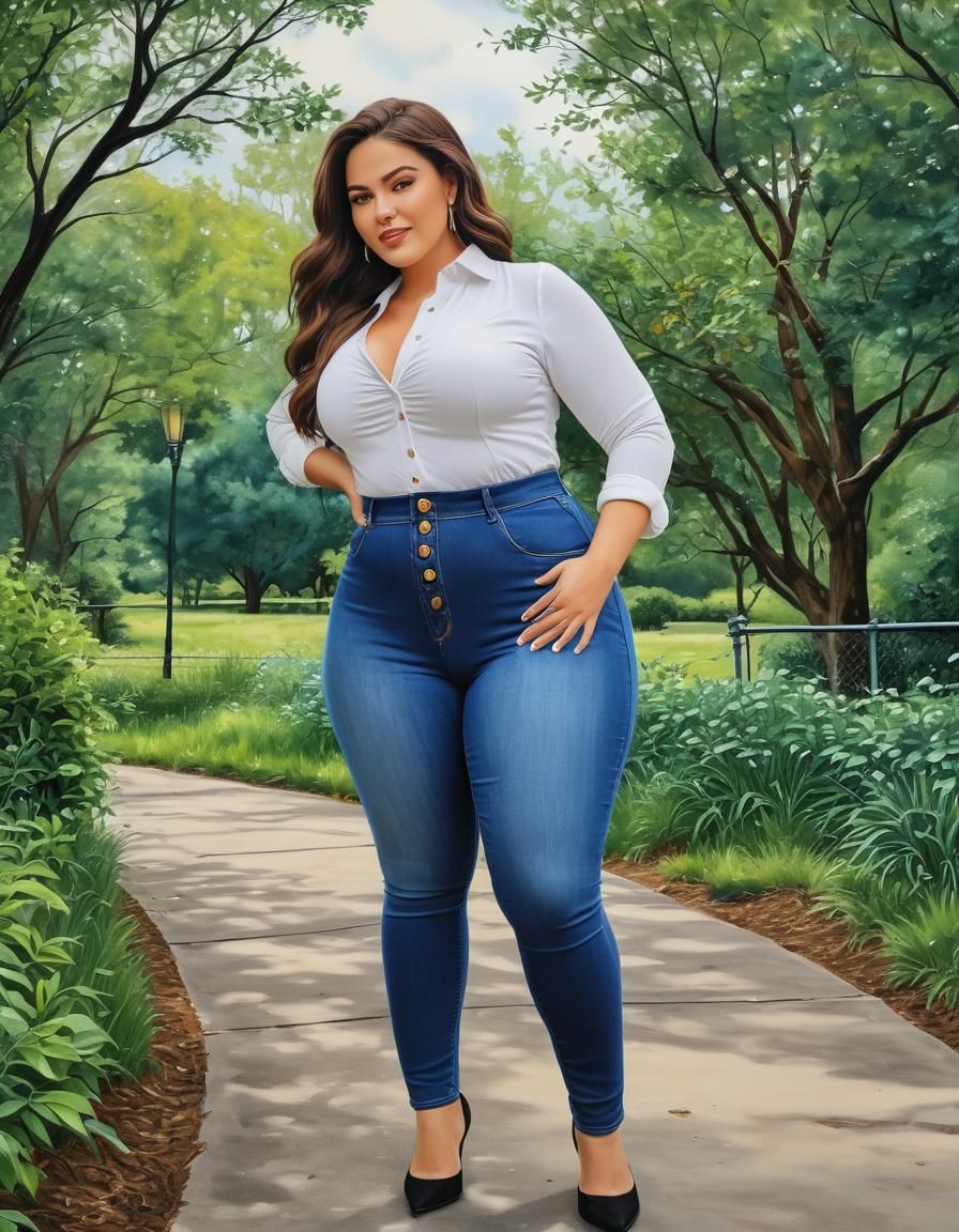 Curvy Businesswoman in Park, Oil-Guache Melting Painting