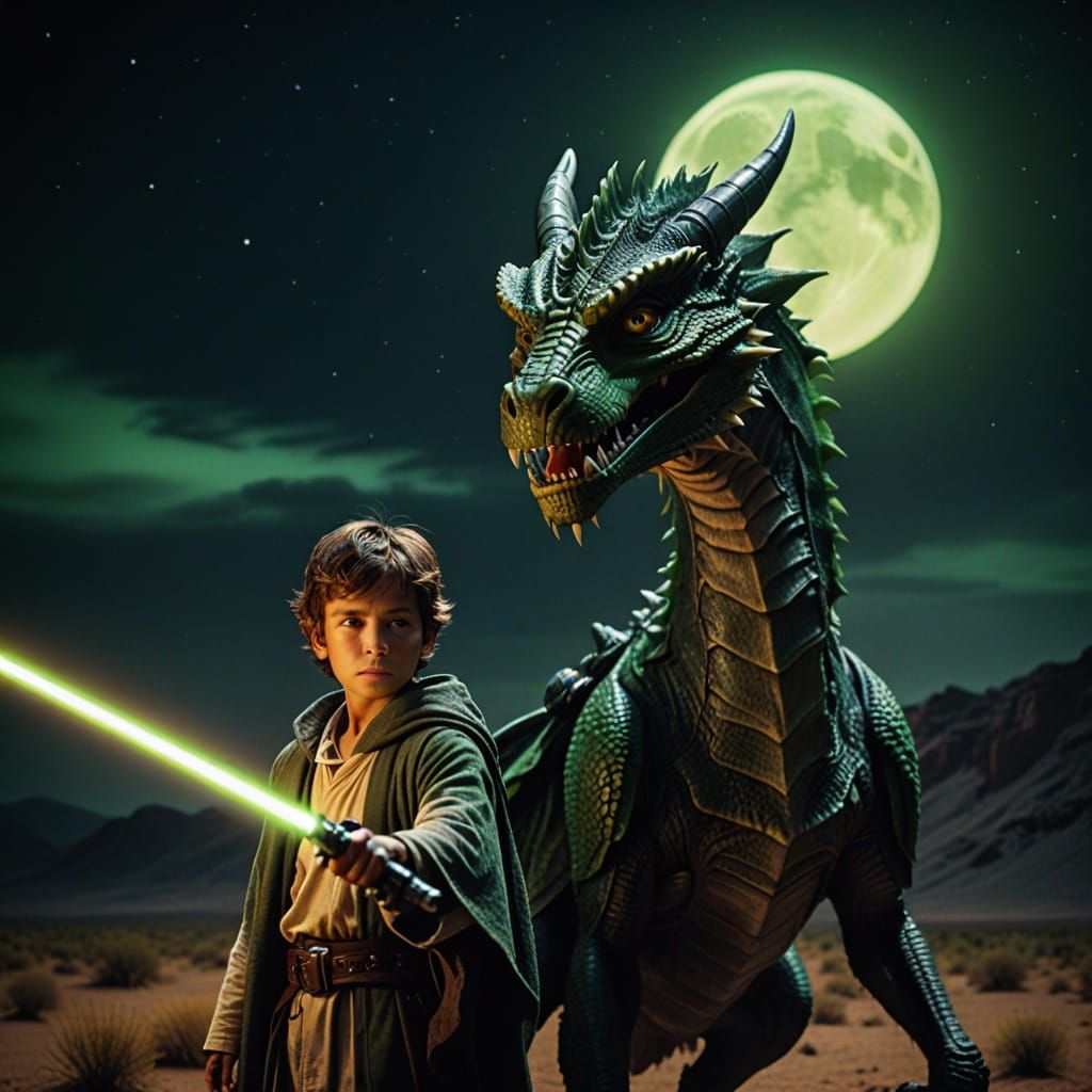 Young Jedi and Dragon Friend Under Enchanting Sky