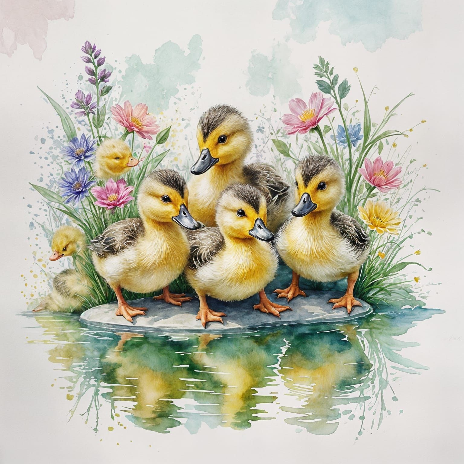 Ducklings Play on Tablet: Watercolor Painting in Holland