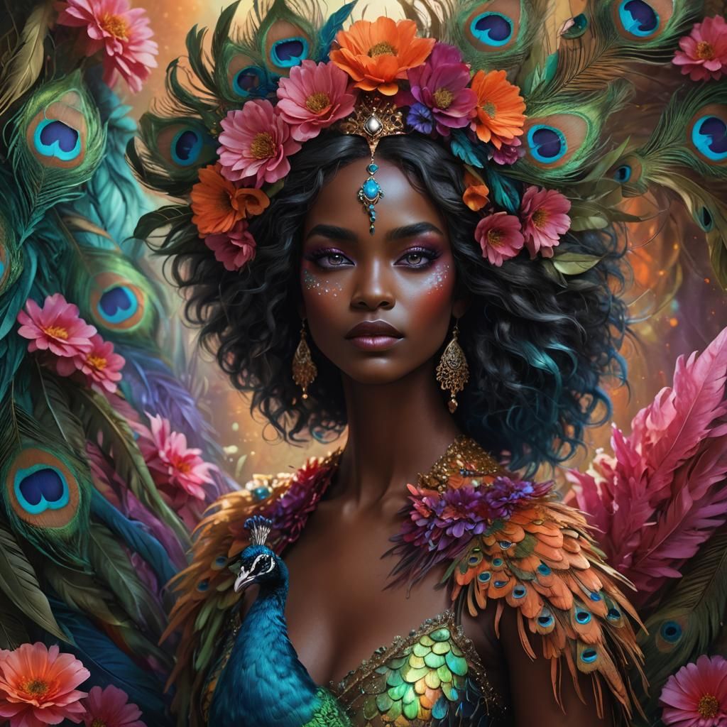 Ethereal Woman with Peacock Feathers, Vivid Digital Art