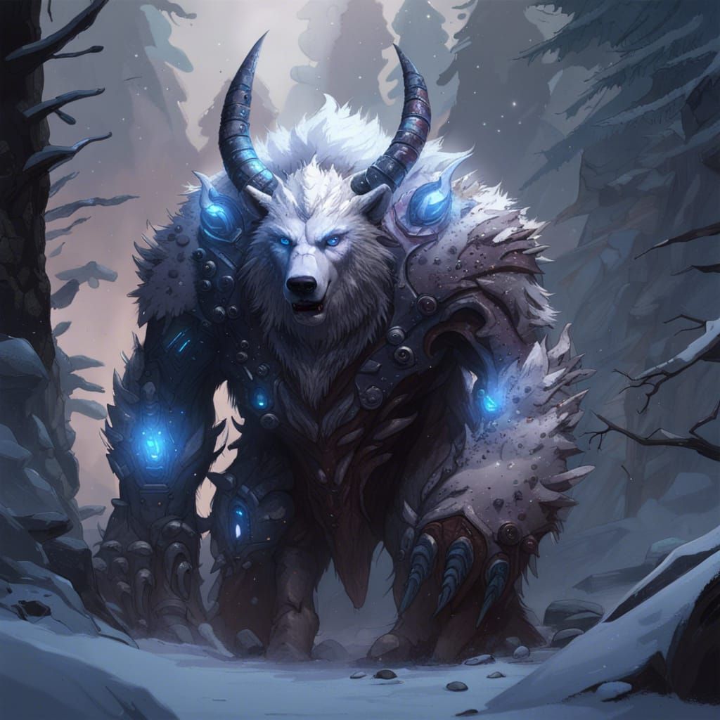 Mutated Cyborg Bear Creature in Dark Fantasy Style