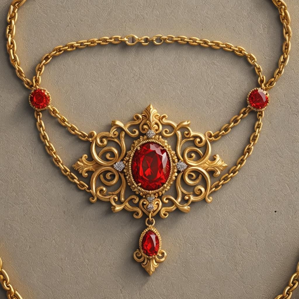 Baroque Red Diamond Gold Chain: Photorealistic Detail