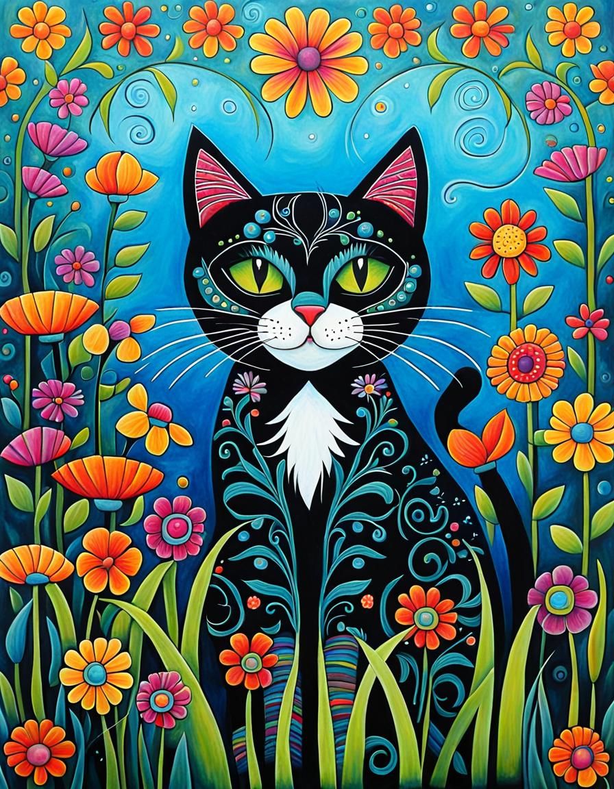 Colorful Garden Cat in Folk Art Style