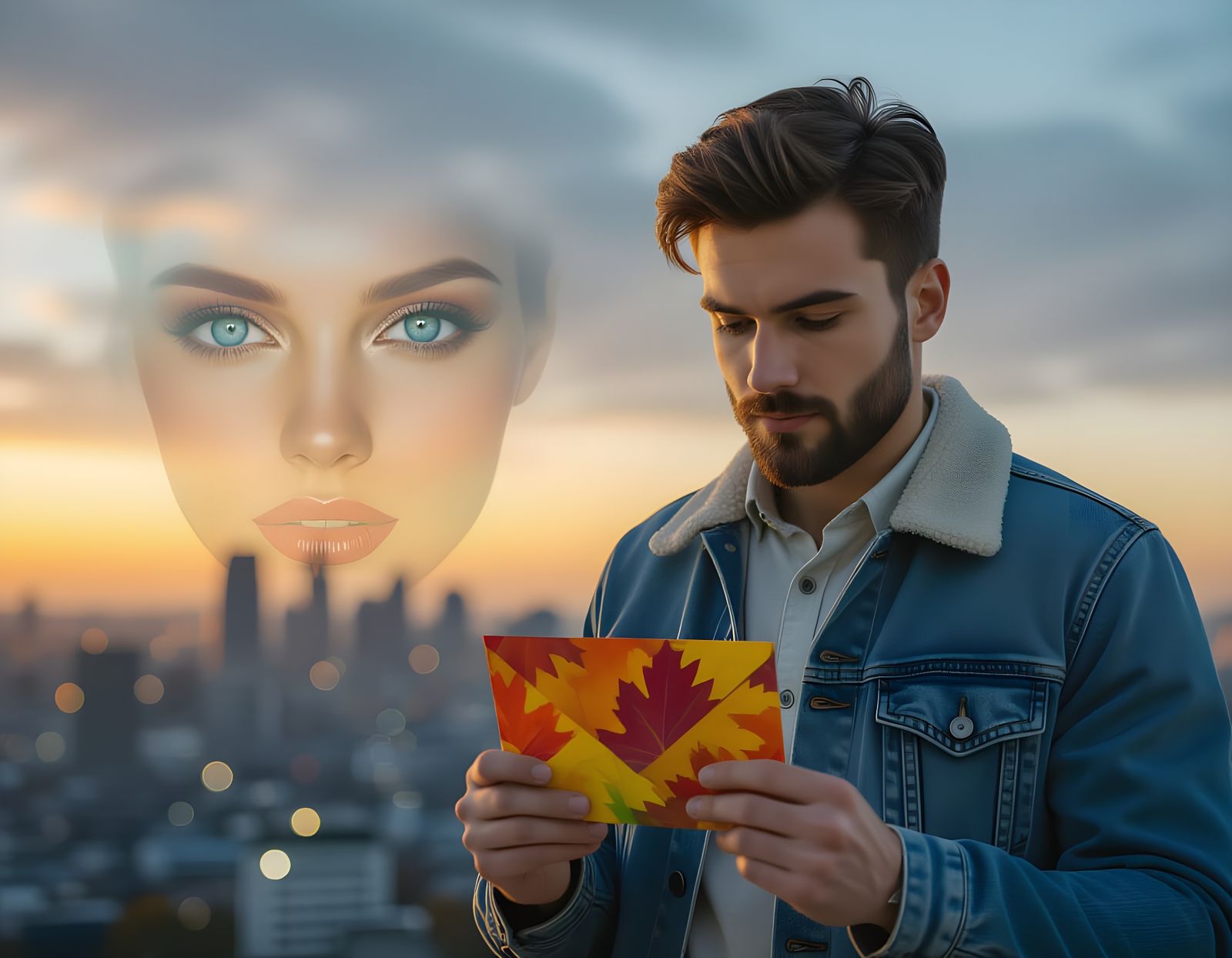 Man Holds Autumn Envelope with Surreal Cityscape