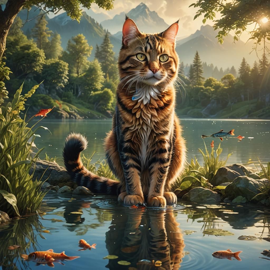 Multicolored Cat by Serene Lake: Fantasy Matte Painting