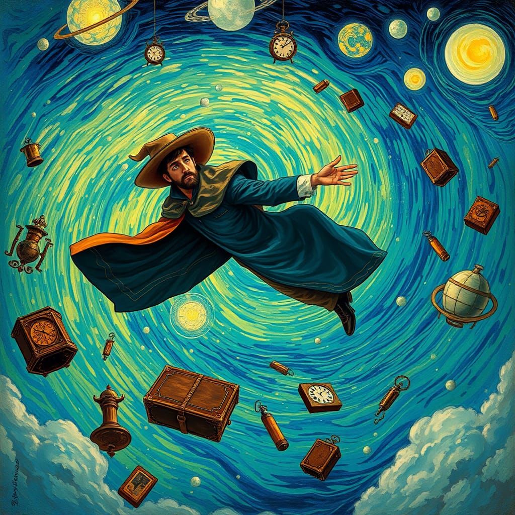 Man Flies Through Starry Sky as Van Gogh Painting