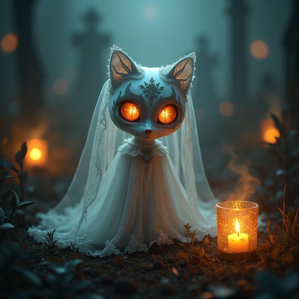 Ethereal Cat Ghost in Cemetery, Dark Academia Illustration