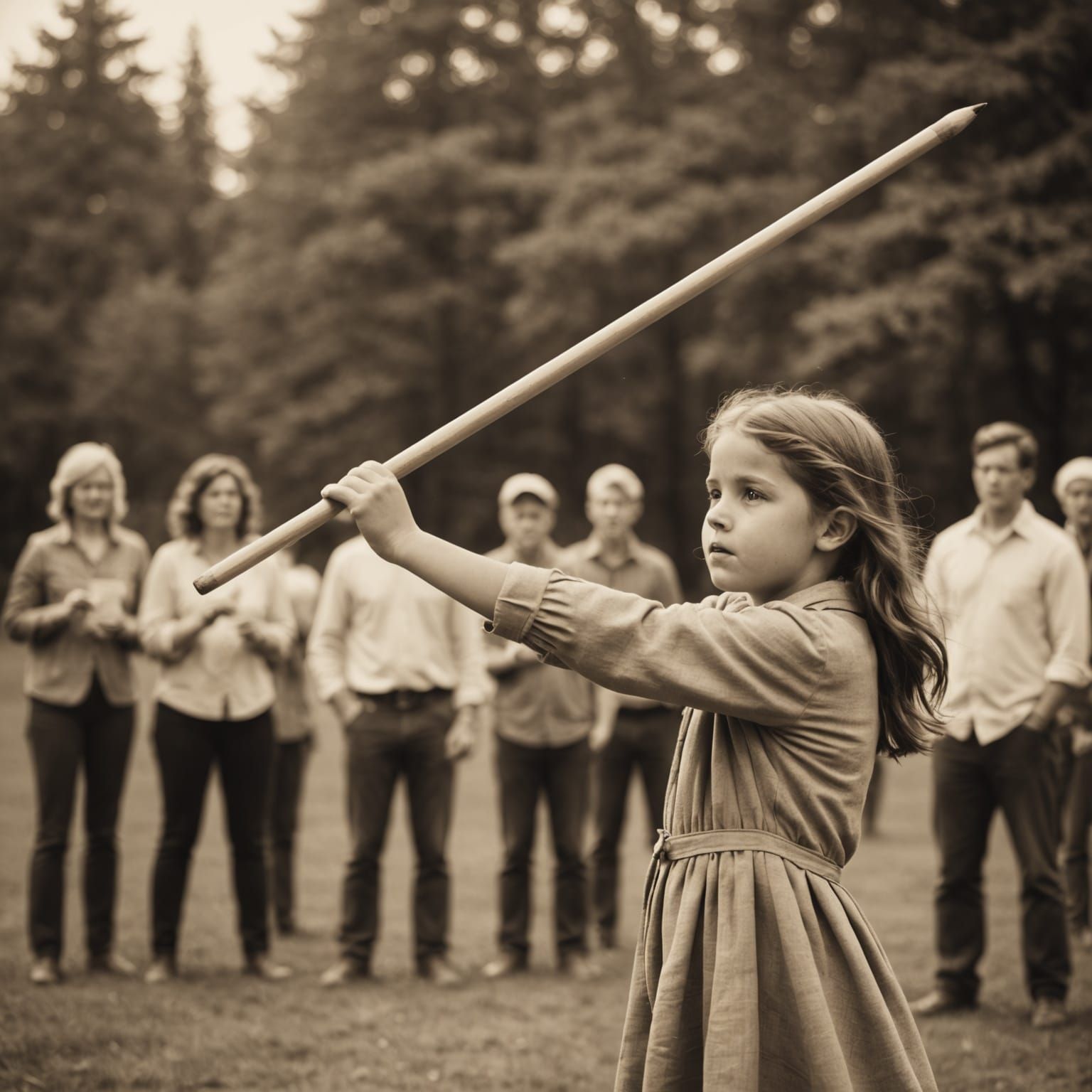Woman Throws Giant Pencil Like Javelin in Sepia Tone