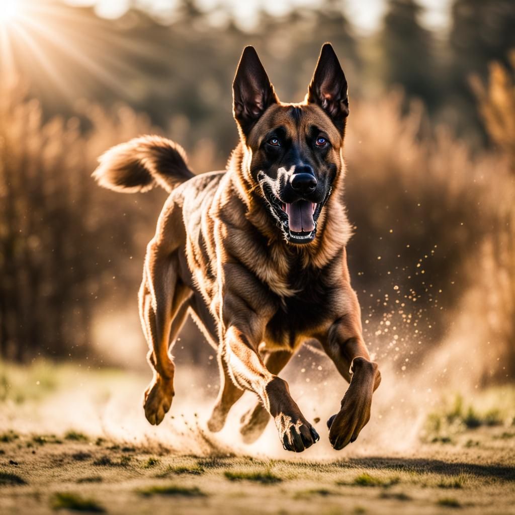 Belgian Malinois Running Full Speed in Sunlight