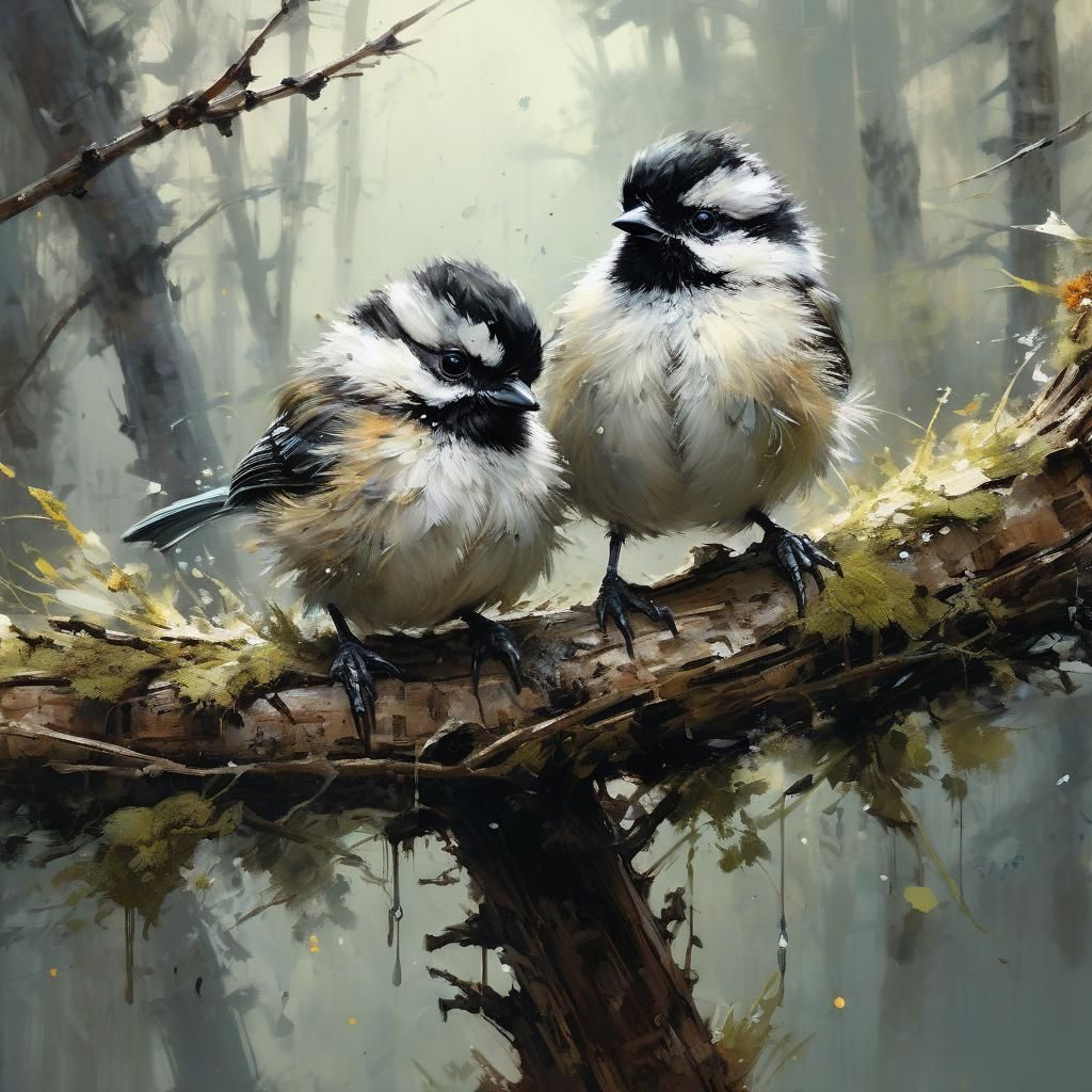 Cute Chickadees in Forest, Fine Art Style