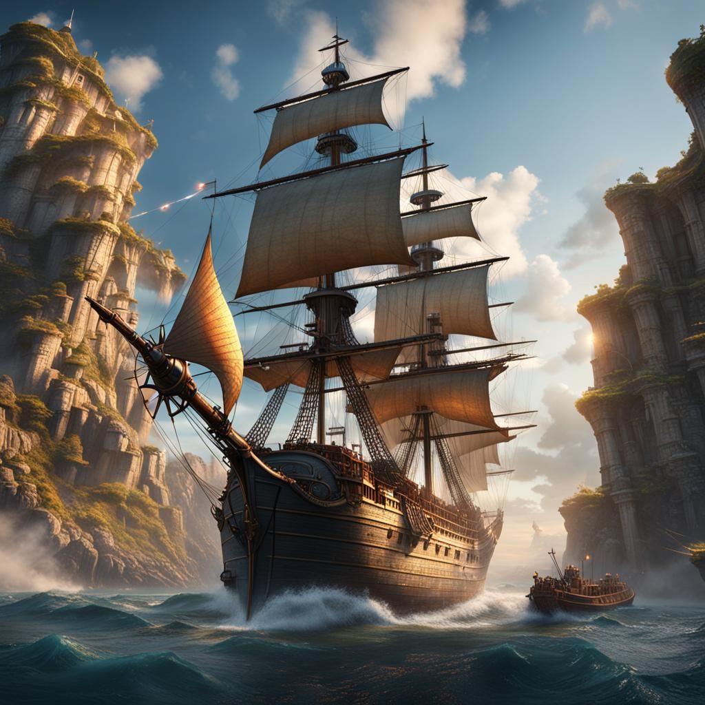 Sailing Ship Attacks Fortress in Detailed Matte Painting
