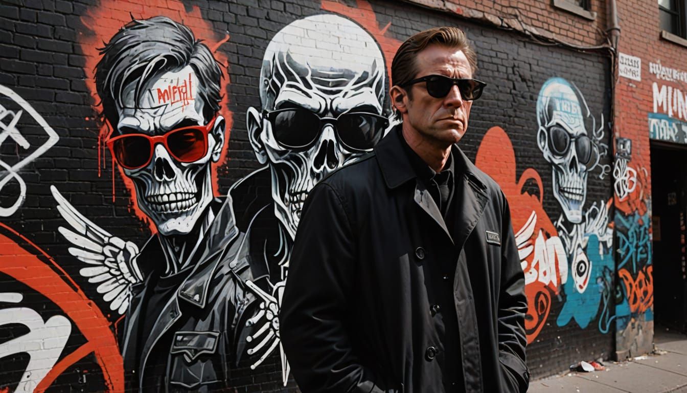 Cyberpunk Alley: MIB Agent Watching Alien Graffiti