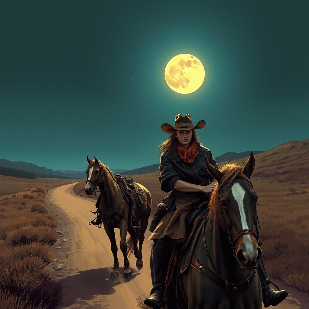 Moonlit Ride: Hyperrealistic Comic Book Cowboys