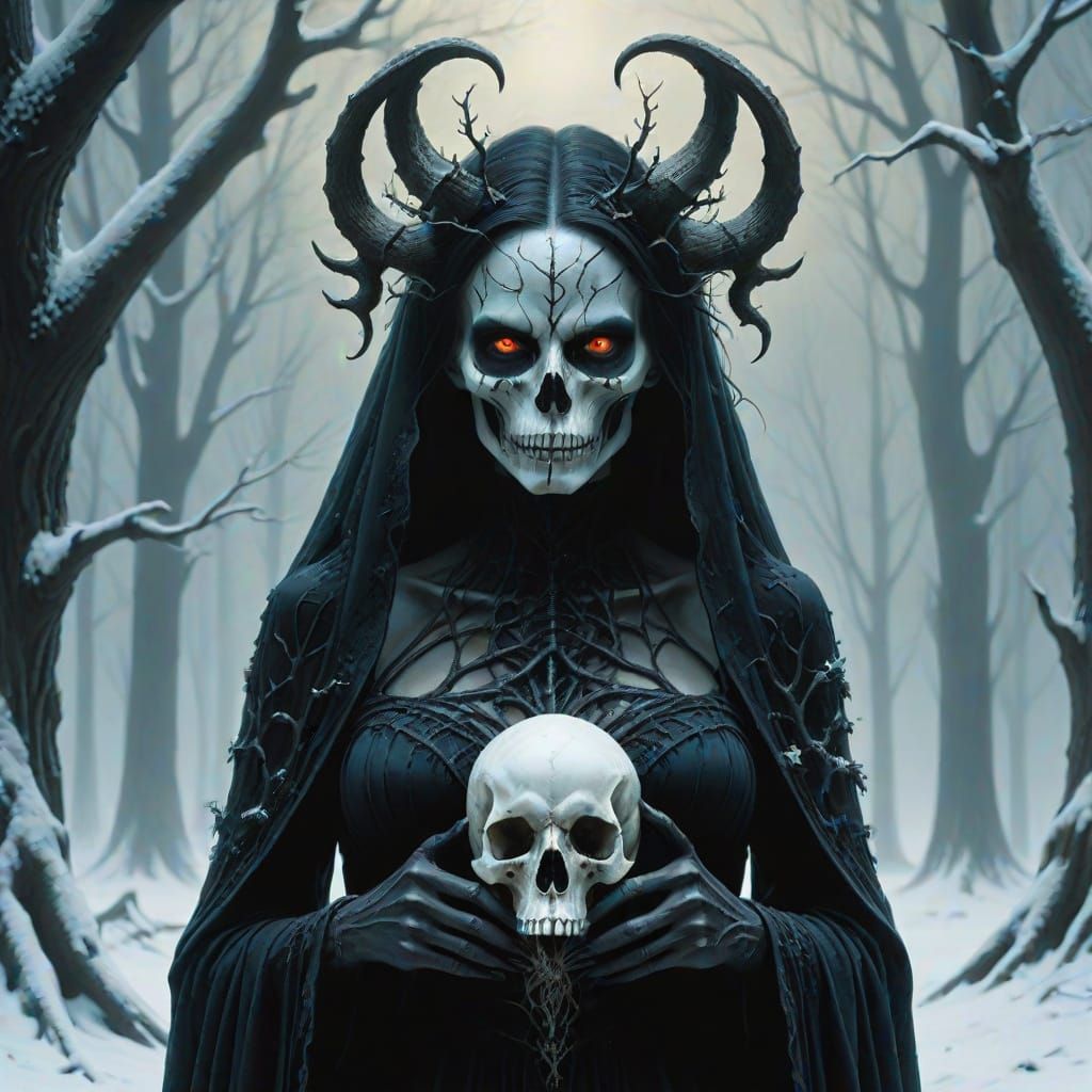 Demoness in Snow-Covered Forest: Dark Fantasy Art