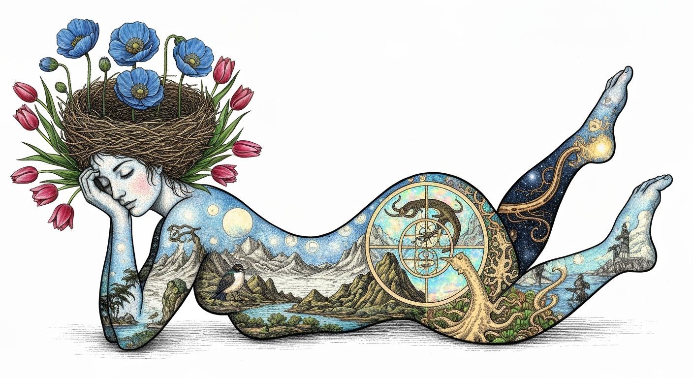 Dreamlike Concept Art: Woman Carrying Star Nest