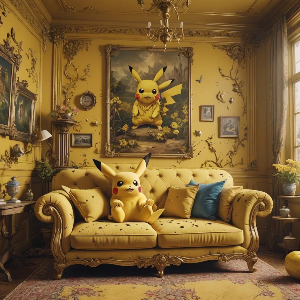 Pikachu Relaxing in Yellow Room, Detailed Matte Painting