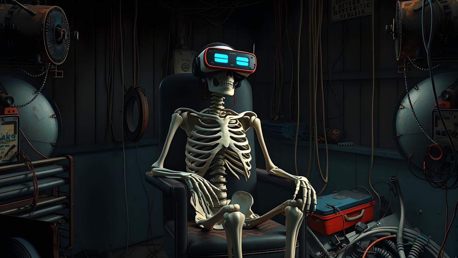 Cyberpunk Skeleton in VR Headset in Abandoned Room