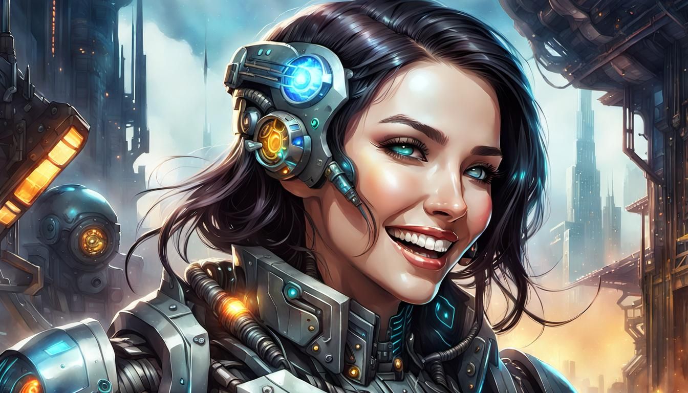 Laughing Cyborg Girl in Dystopian Future, Watercolor Art