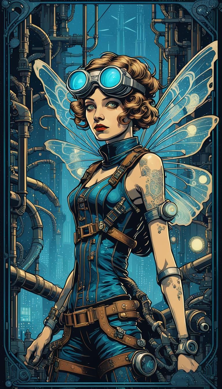 Steampunk Fairy in Dystopian Industrial Cityscape