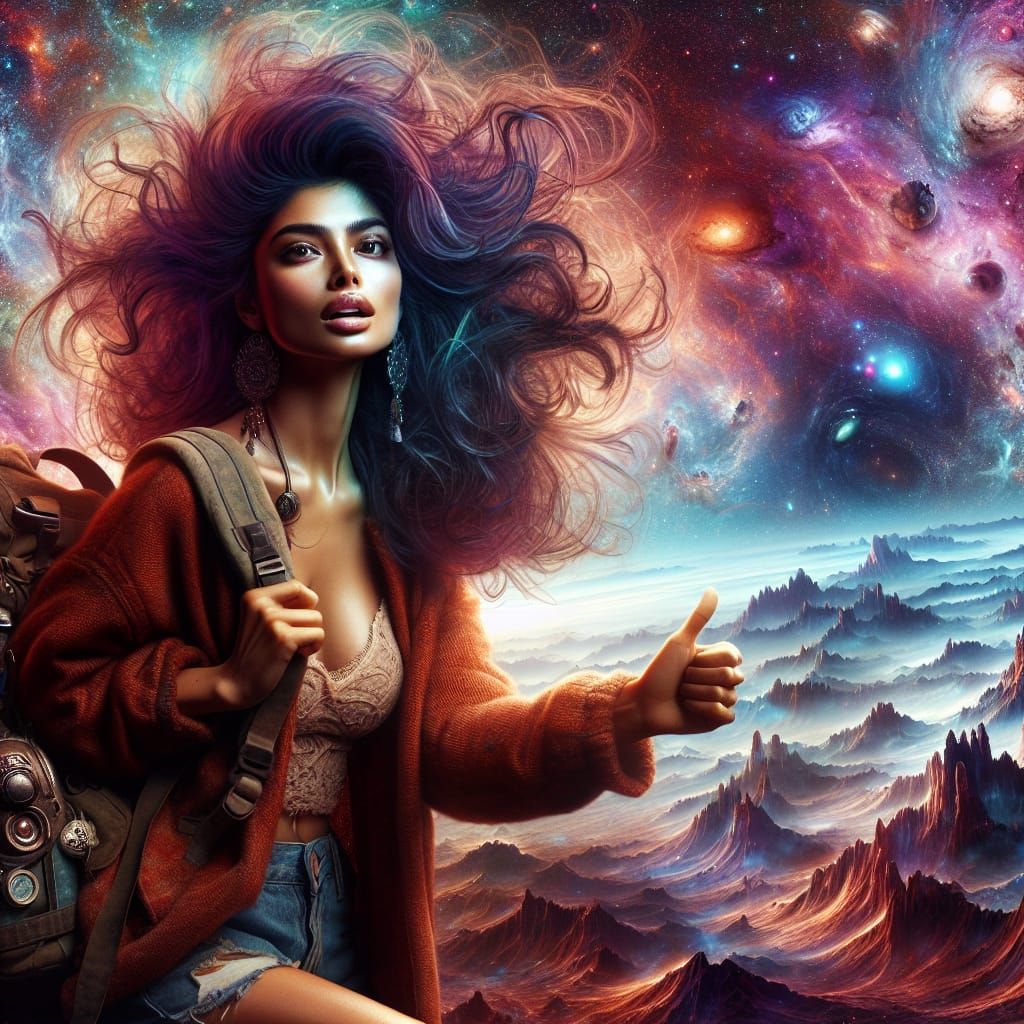Woman Hitchhiking Across the Multiverse in Romanticism Style