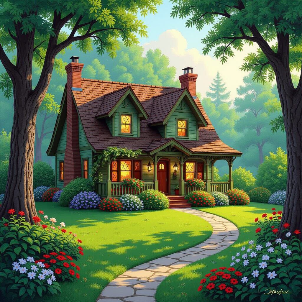 Idyllic Home Garden in an Illustrative Style