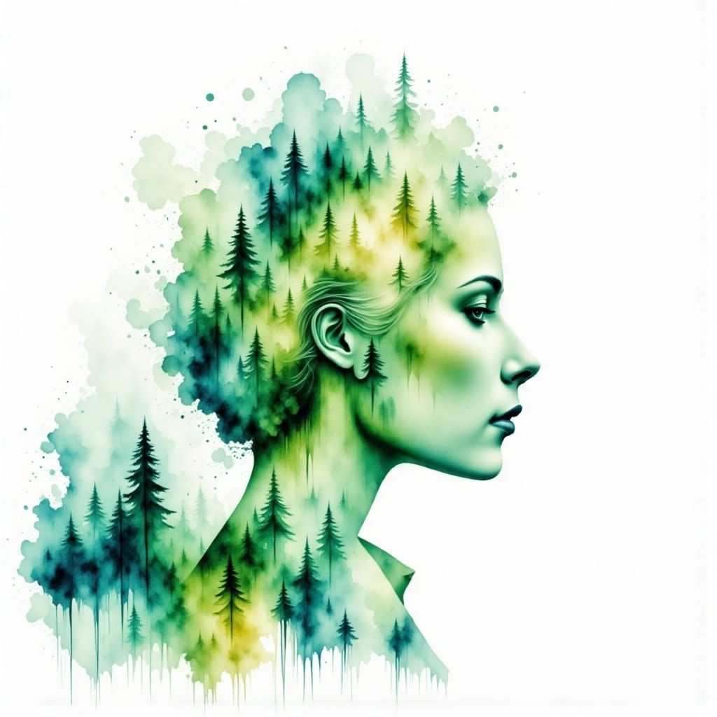 Lion Fashionista in Park: Double Exposure Watercolor