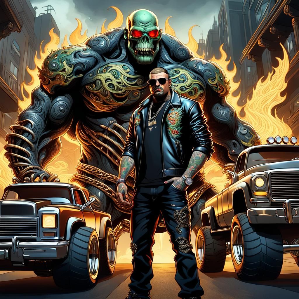 Marijuana Kingpin and Monster Truck in Dark Fantasy