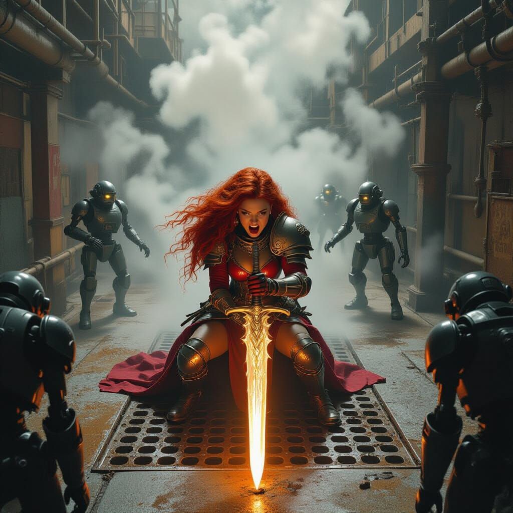 Paladin Hiding from Robots: Surreal Oil Painting