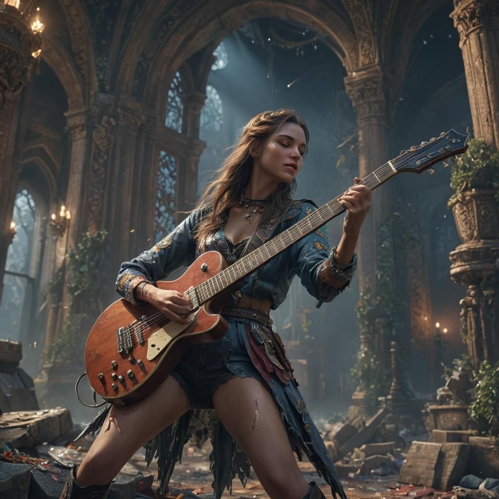 Girl Playing Guitar: Detailed Matte Painting