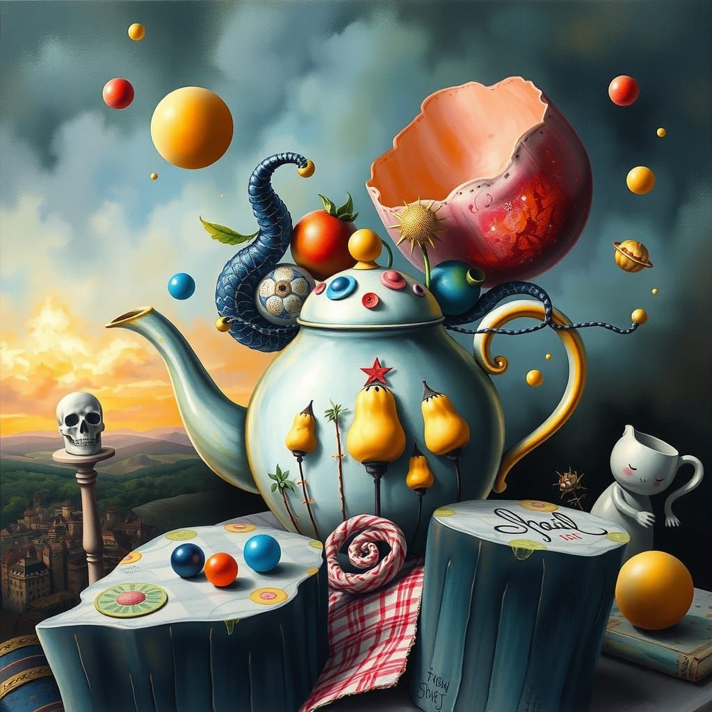 Surreal Anti-Gravity Teapot in Watercolour Style