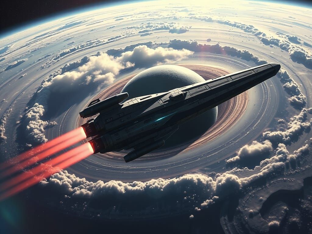 Futuristic Starship Orbits Ringed Planet in Nebula