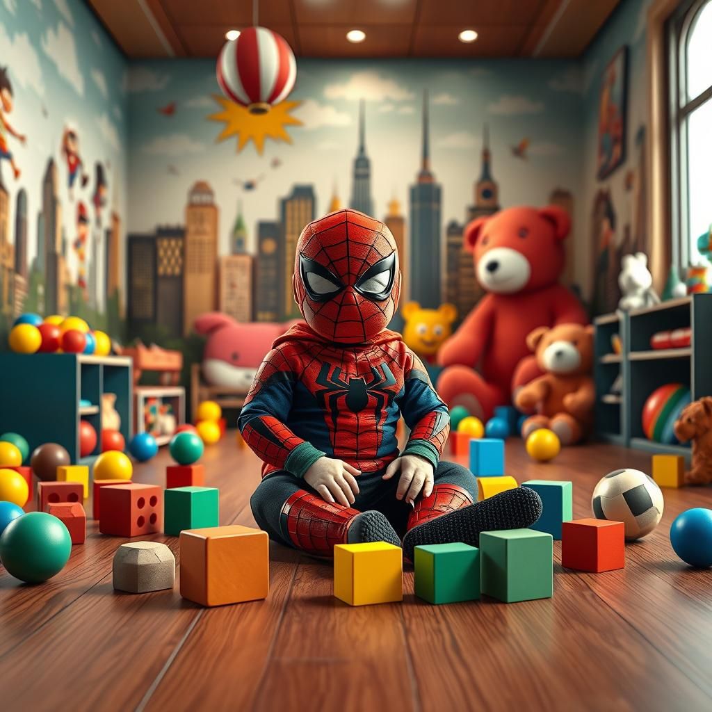 Baby Spiderman in Playroom, AAA Game Art Style