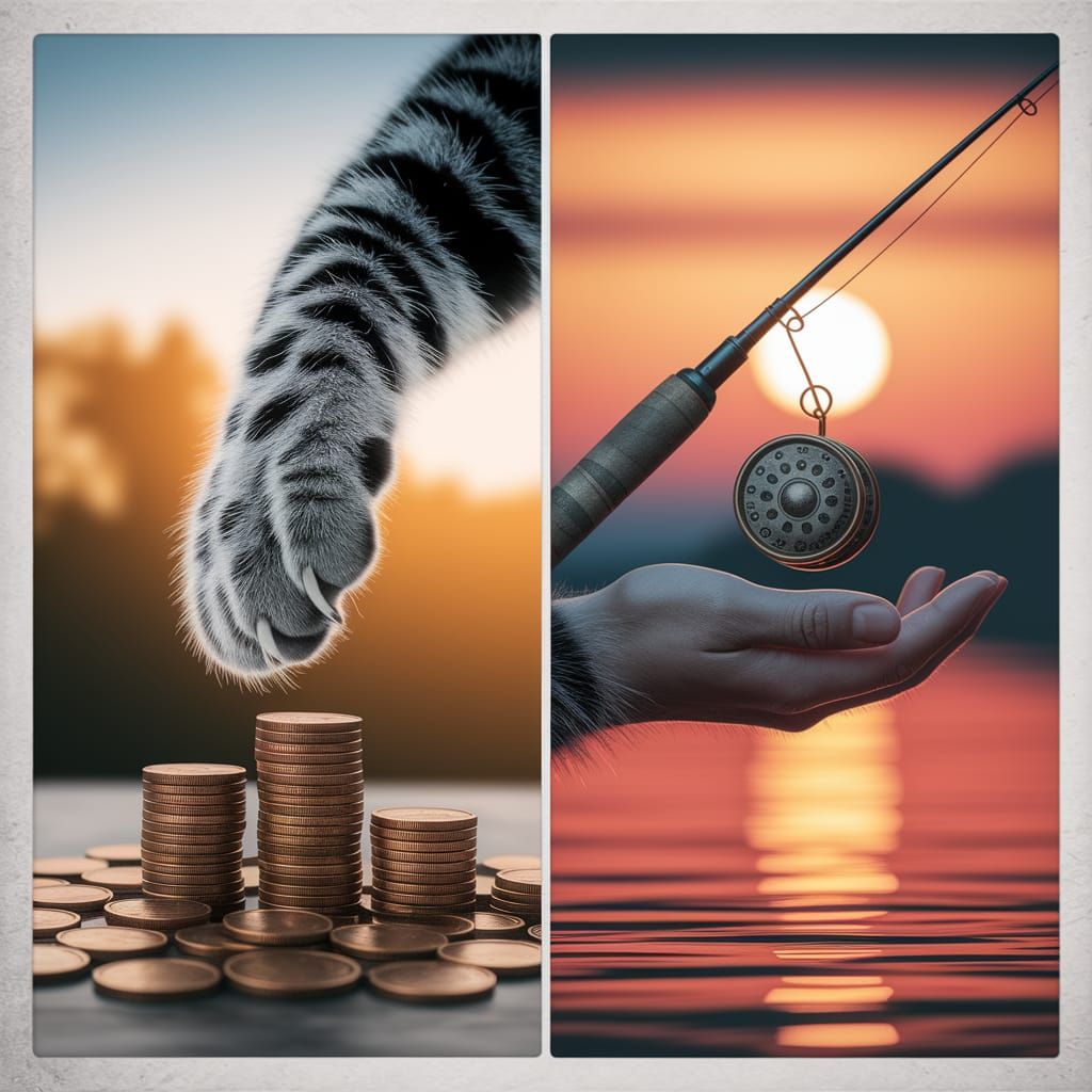 Conceptual Photo: Cat Paw, Coins and Sunset