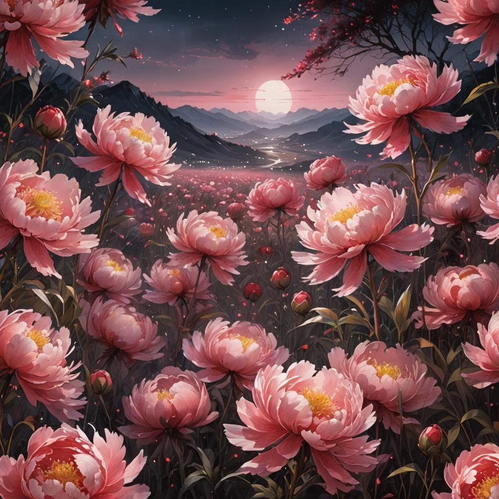 Peonies under moonlight