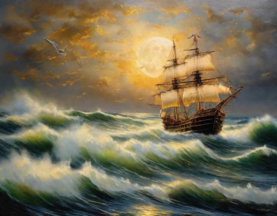 Ship on Giant Wave Under Moon, Baroque Oil Painting