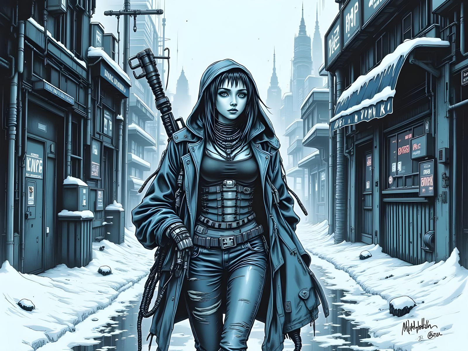 Cyberpunk Cyborg in Frozen Cityscape