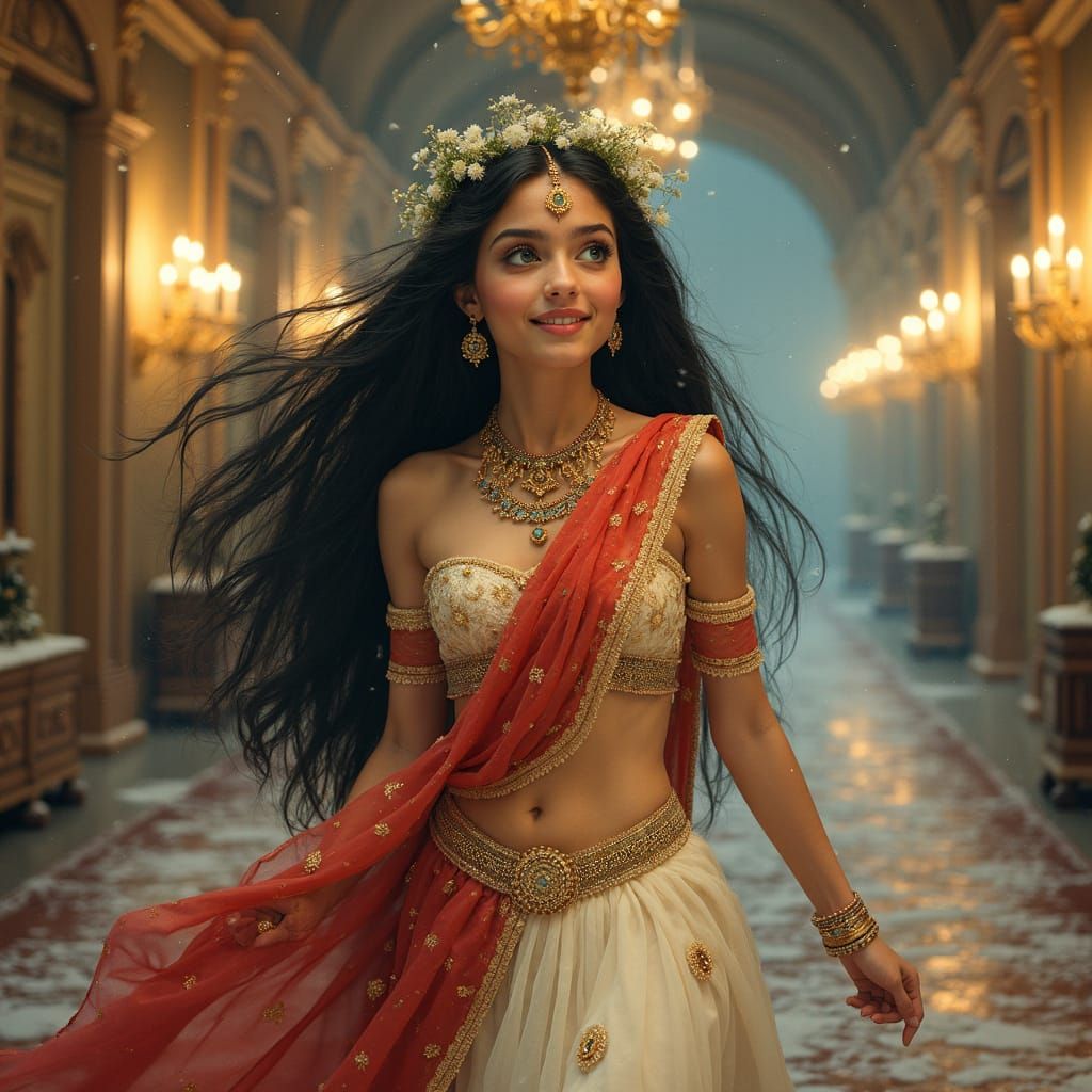 Regal Young Queen in Indian Sari with Golden Embroidery and ...