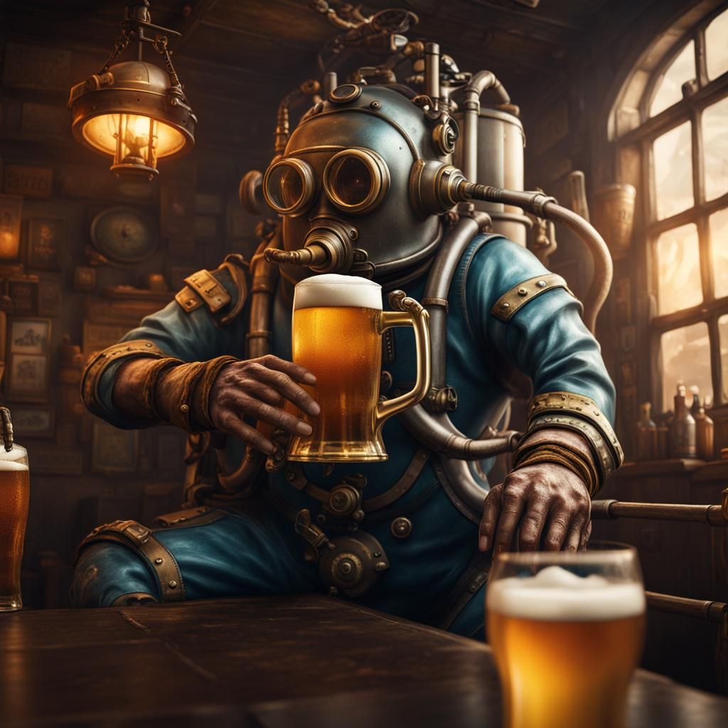 Scuba Diver in Beer Pint: Detailed Matte Painting