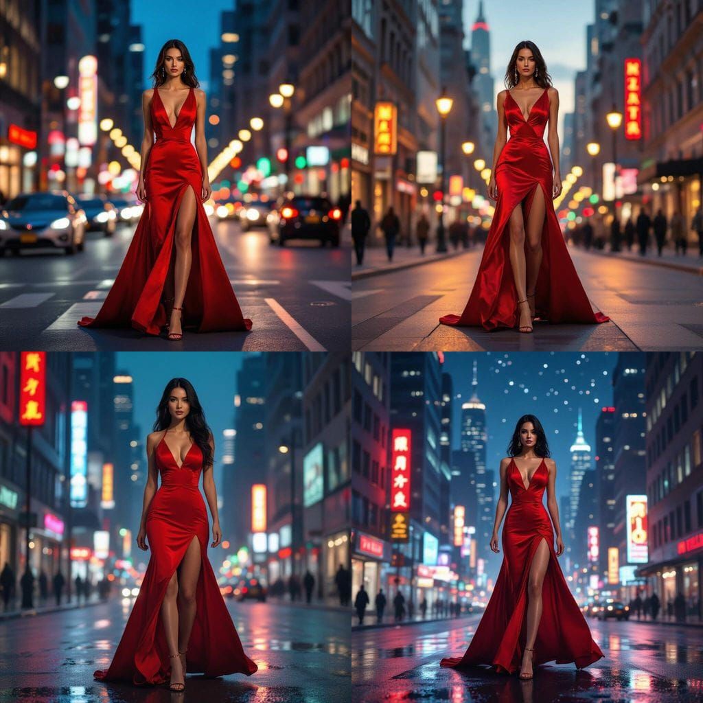 Woman in Red Gown with High Slit in Bustling City