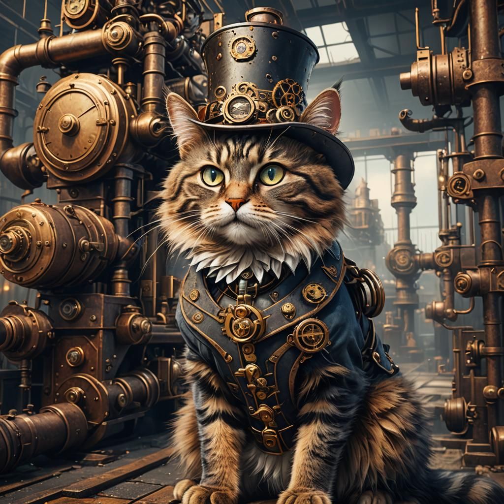 Hyperrealistic Steampunk Cat in 1800s Industrial Scene